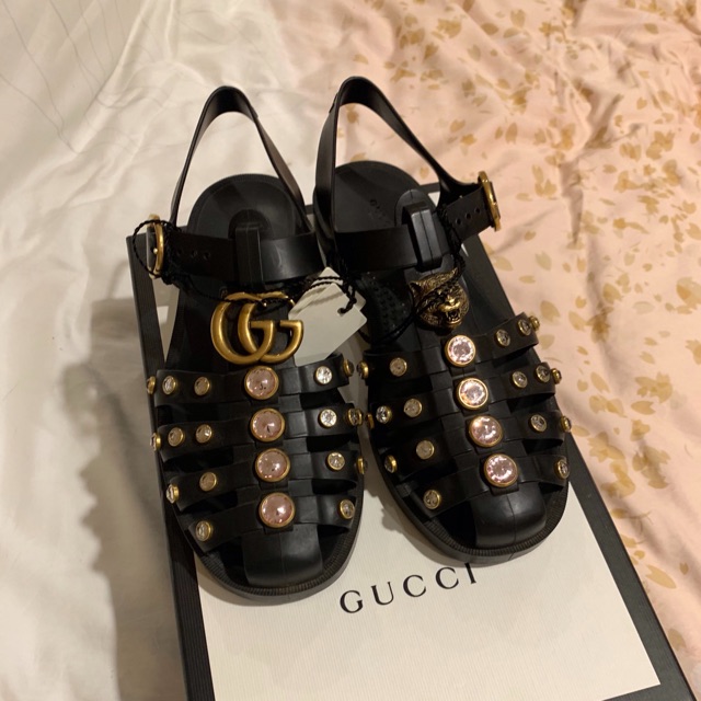 gucci rubber sandals with crystals