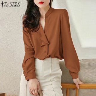 ZANZEA Women Fashion Full Sleeve V Neck Office Button Cuffs Ruffles Casual Blouse