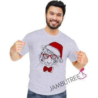 เสื้อยืดผ้าฝ้าย เสื้อยืดคริสต์มาสJambutree Funny Merry Christmas Party Celebration Tiger Santa Hat Fashion Unisex Graphi