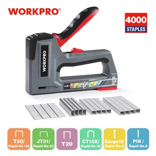 Workpro 6-in-1 เครื่องเย็บกระดาษ ปืนยิงตะปู แบบแมนนวล ไม่ต้องเย็บ 4000 ชิ้น พร้อมตัวเลือกพลังงานสองตัวเลือก สําหรับตกแต่งบ้าน DIY