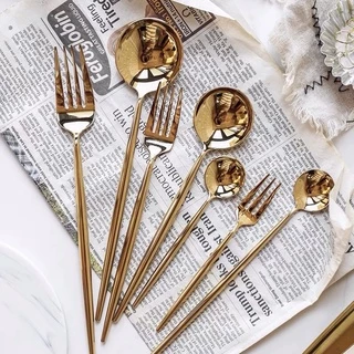 [พร้อมส่ง]🍴ช้อนส้อมเกาหลี ช้อนส้อมเรียบหรู ช้อนส้อมสแตนเลส ทอง