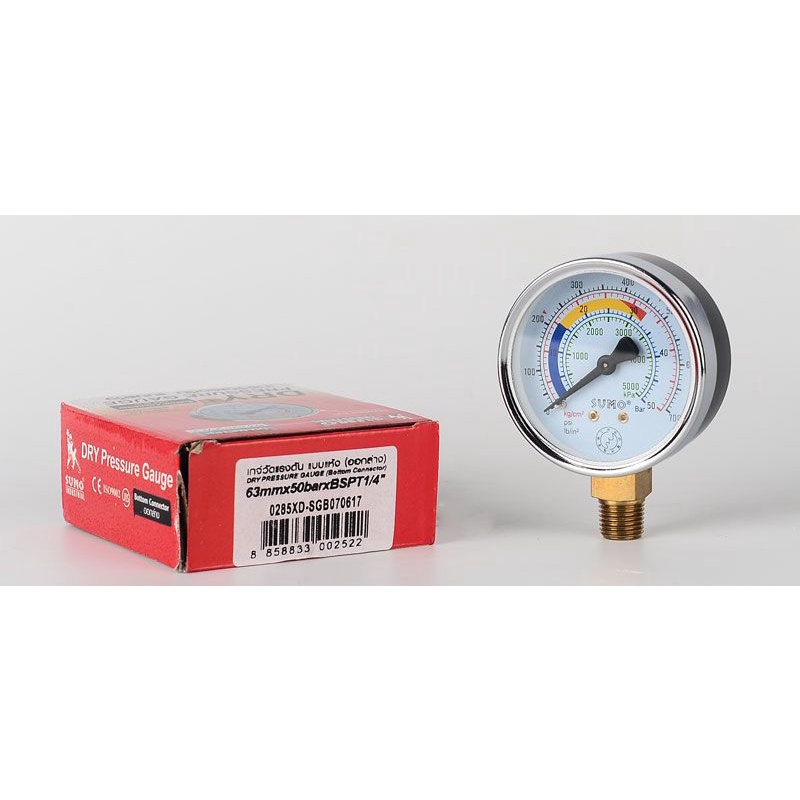เกจ์วัดแรงดัน SUMO 63mm. Pressure Gauge แบบแห้ง เกลียวออกล่าง 1/4" ใช้ได้ทั้งระบบลมและน้ำ 1-250 บาร์ เกจ์แห้ง เกจ์ลม bo