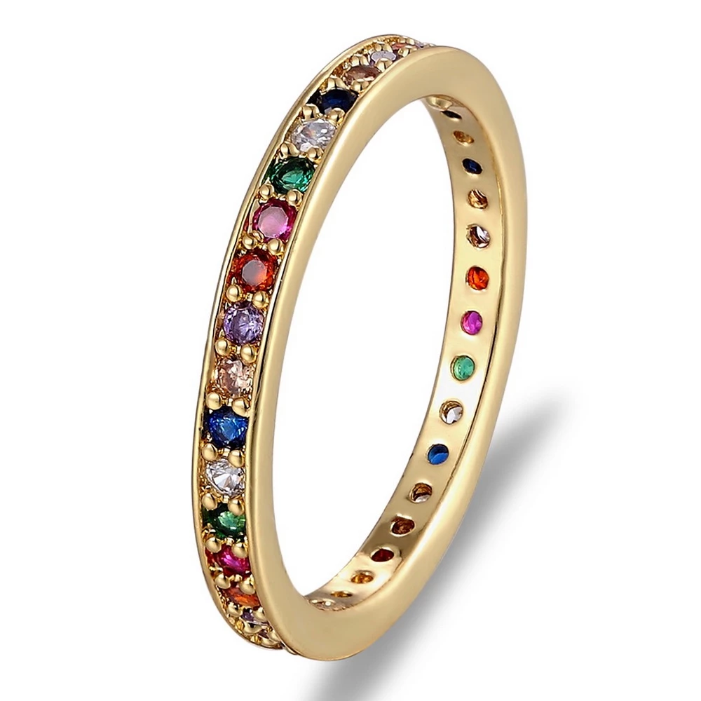 สีสัน Cubic Zirconia Eternity Band แหวนบาง Skinny Birthstone สีรุ ้ งรอบวงกลมแหวนนิ ้ ว