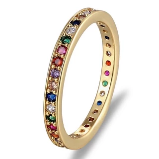 สีสัน Cubic Zirconia Eternity Band แหวนบาง Skinny Birthstone สีรุ ้ งรอบวงกลมแหวนนิ ้ ว