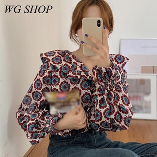 Wg SHOP เสื้อเชิ้ตแขนยาว ผ้าชีฟอง ลายดอกไม้ กระดุมแถวเดียว ทรงหลวม สไตล์เกาหลี