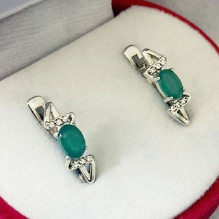 N6409 ต่างหูพลอยโมราแท้ ( Chrysoprase ) แบบอิงลิชล็อค ตัวเรือนเงินแท้ 925 ชุบทองคำขาว