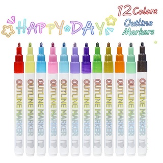 ?พร้อมส่ง?12 ชิ้น / เซต 12 สี เส้นคู่ โครงร่าง ปากกาศิลปะ มาร์กเกอร์ ปากกา DIY กราฟฟิตี มาร์กเกอร์ ปากกา