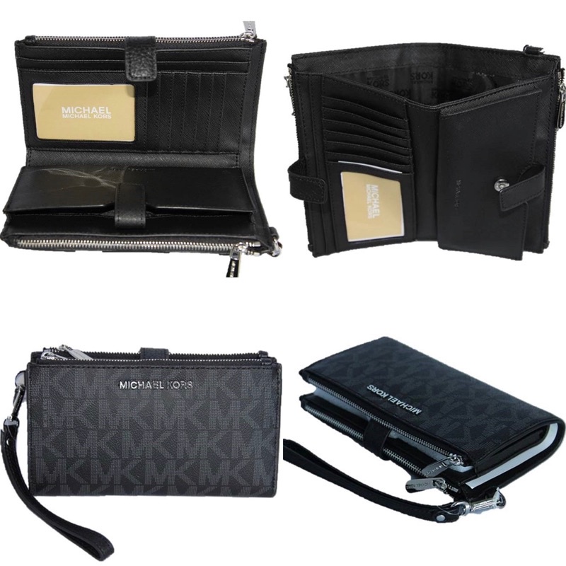 🎀 กระเป๋าสตางค์ 2 ซิป มีสายคล้องมือ ลาย mk ใหญ่สีดำ 2 ซิป Michael Kors Jet Set Travel double Zip Wristlet