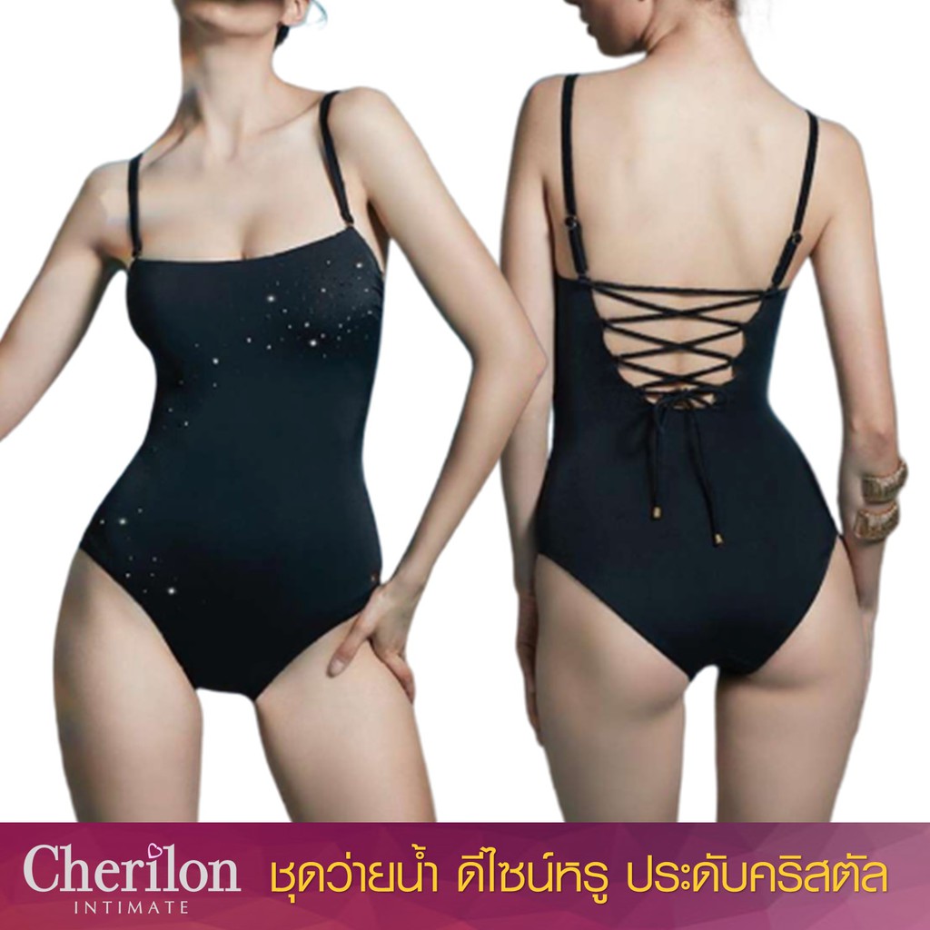 Cherilon Swimwear ชุดว่ายน้ำ ชุดว่ายน้ำวันพีช เชอรีล่อน ดีไซน์หรู ประดับคริสตัลสะท้อนแสง เด่นท้าแดด สีดำ NSW-SWIM03-BL
