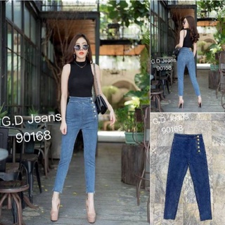 G.D.Jeans รุ่น 90168#กางเกงยีนส์แฟชั่นขายาวผ้ายืดเอวสูงทรงเดฟสีฟอกเปิดกระดุมทองข้างห้าเม็ดแบบเก๋ๆ