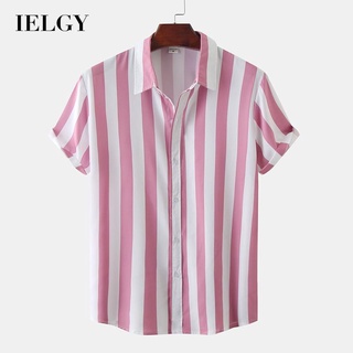 Ielgy เสื้อเชิ้ตแขนสั้น ลายทาง สไตล์วันหยุด เรียบง่าย สําหรับผู้ชาย