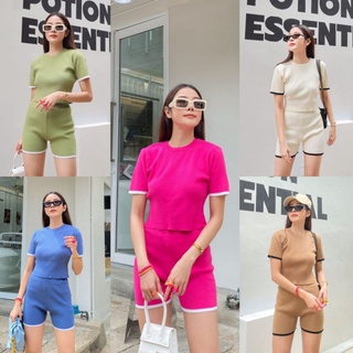 Set2ชิ้น🔥ชุดเซททูโทน💠เสื้อครอปแขนสั้น+กางเกงขาสั้นกุ๊นขอบตัดสี🌷ป้ายAMUSE