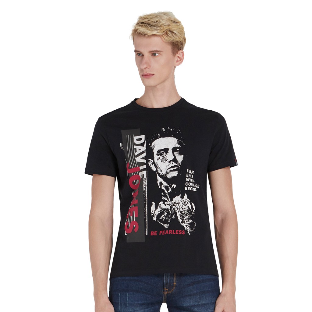 เสื้อยืดใหม่DAVIE JONES เสื้อยืดพิมพ์ลาย สีดำ Graphic Print T-Shirt in black TB0172BKS-3XL