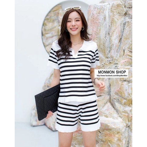 MONMON SHOP 💐MON5282 ชุดเซ็ตผ้าทอนุ่ม ทอลายทางตัวเสื้อเป็นเสื้อคอปก น่ารักมากๆนะคะ มาพร้อมกับกางเกงเ