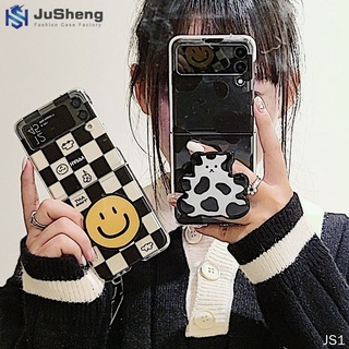 Jusheng เคสโทรศัพท์มือถือ ลายหมากรุก วัว หมี พร้อมขาตั้ง สําหรับ Samsung Z Flip4 Z Flip3 Z Flip2 Z