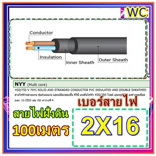 สายไฟ NYY 2x16 สายไฟหุ้มฉนวน 3ชั้น 100เมตร ฝังดินโดยตรง สายไฟกันน้ำ ร้อยท่อฝังผนังคอนกรีต ร้อยท่อฝังดิน