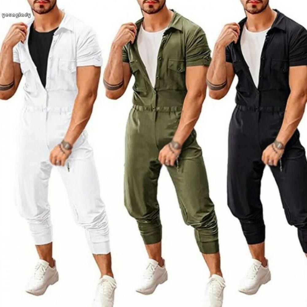 Mens Jumpsuit Stretch Jumpsuit Overalls OnePiece Sport Buttons Streetwear Playsuit Mens Plus