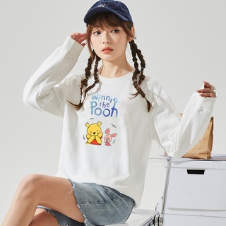 เสื้อกันหนาวแขนยาวลําลอง ทรงหลวม ขนาดใหญ่ ลายการ์ตูนหมีพูห์ สีขาว แฟชั่นสําหรับผู้หญิง