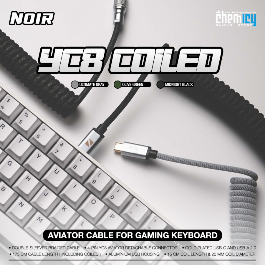 Noir YC8 / YC-8 Coiled Aviator Cable Type-C สําหรับคีย์บอร์ดเกม