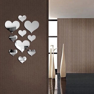 10Pcs Pack 3D Mirror Acrylic Mirror Self-adhesive Love Heart Wall Stickers