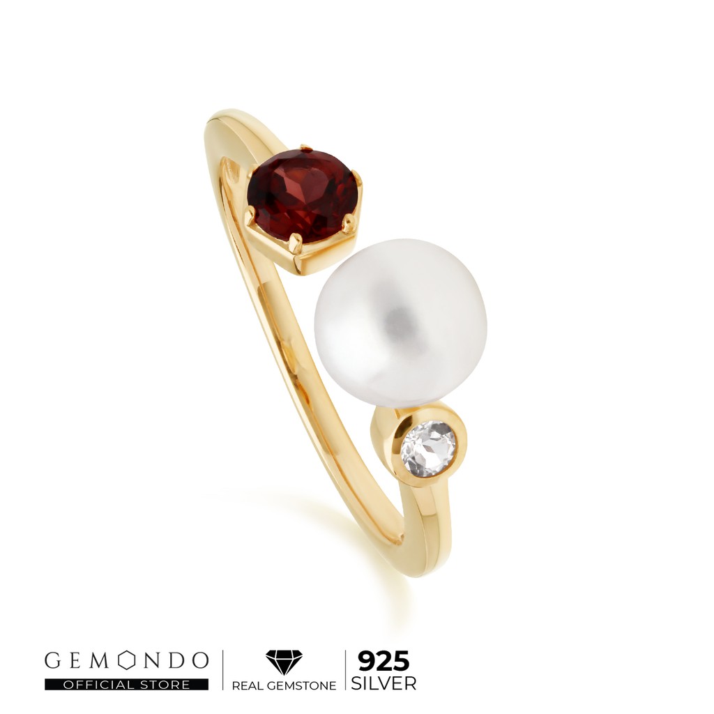 Gemondo แหวนมุก 925 เงินแท้ชุบทอง 22K ประดับโกเมน และโทแพซ  ดีไซน์โมเดิร์น : แหวนพลอย แหวนอัญมณี แหวนไข่มุก พลอยแท้
