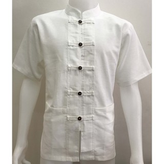 เสื้อผ้าฝ้าย 100% คอจีน กระดุมกะลา 5 เม็ด สีขาว แขนสั้น