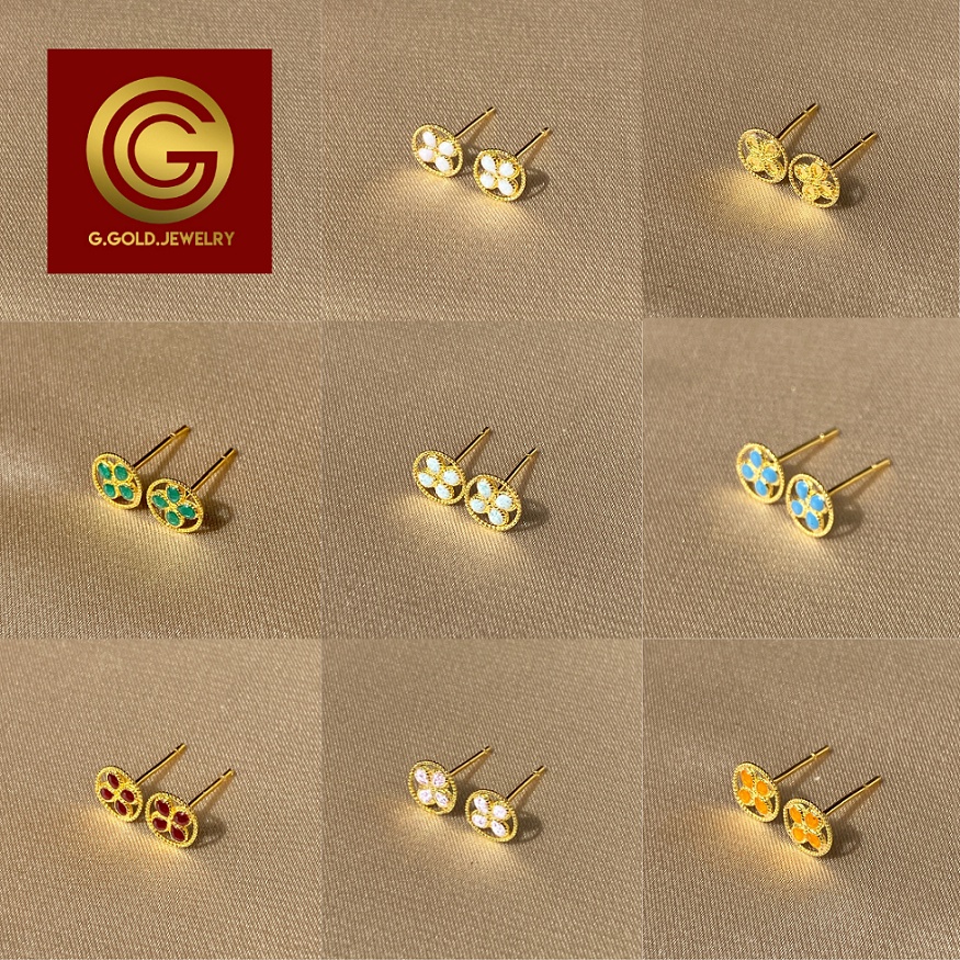 GGOLD ต่างหูทอง96.5%แท้ 0.6 กรัม ลายดอกไม้หลุยส์-ลงยา (ฟรี แป้นต่างหูพลาสติก) [G-00413]