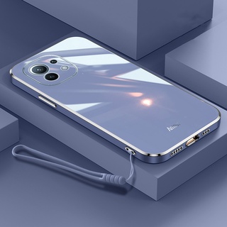 Xiaomi 11T Pro Mi 11 Lite 5G NE หรูหรา ขอบสี่เหลี่ยม ชุบ ด้านหลัง TPU เคสนิ่ม พร้อมสายคล้อง เคสมันวาว