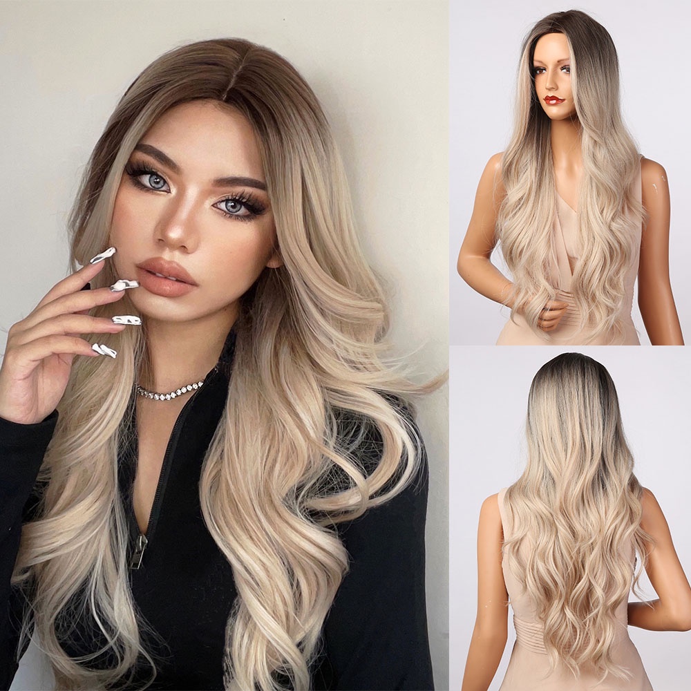 Hot Stockhenry Margu Blonde Platinum Ombre Brown Synthetic Wig For Women Long Wavy Natural Wigs 