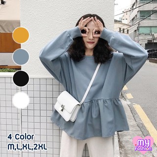 🎴MYF มาใหม่🎴เสื้อกันหนาวคอกลมแขนยาวทรงใหญ่ ชายระบายพองๆ สีพื้น 4 สี