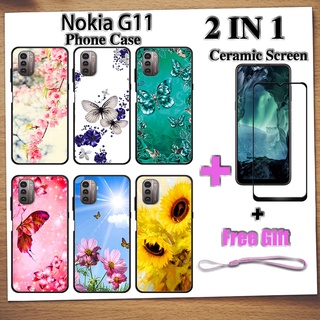 2 IN 1 Nokia G11 เคสโทรศัพท์ พร้อมกระจกนิรภัย เซรามิค ป้องกันหน้าจอ โค้ง ฟิล์มนิรภัย ผีเสื้อ