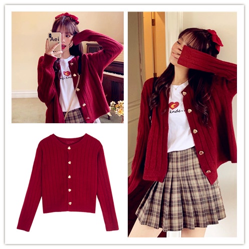 ส่งไว เสื้อกันหนาวบางแจ็กเก็ตแขนบาว สไตล์ญี่ปุ่น สำหรับผู้หญิง  หอมเล็ก ผ้าคลุมไหล่ สีครีม-ขาว สีแดง