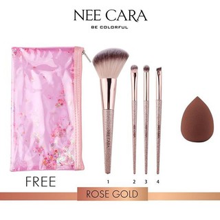 NEE CARA เซ็ทแปรงขนนุ่ม Rose Gold 4ชิ้น+พัฟฟองน้ำ แถมฟรี! กระเป๋าใส่แปรงชมพู (N887)