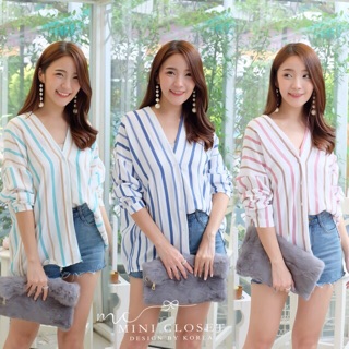 เสื้อเชิ้ตลายทางลงพาสเทลคอวีหน้าหลัง 🧚🏻‍♀️Basic Stripe Shirt🧚🏻‍♀️