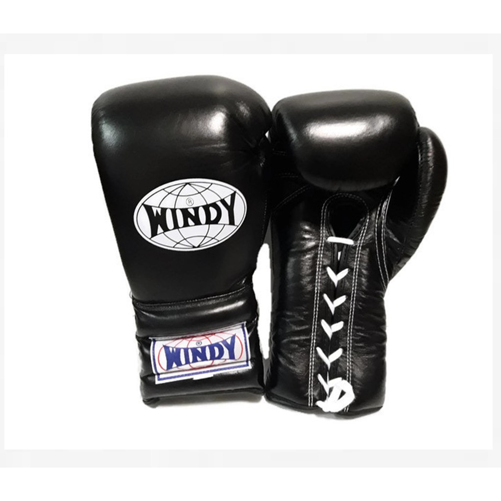 Windy Lace up Gloves BGL ฺBlack 8,10.12,14,16,18,20 oz. นวมเชือกชก มวยไทย วินดี้สปอร์ต สีดำ หนังแท้ ผลิตในประเทศไทย