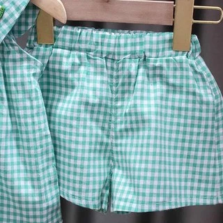 Babyonline (Y133)I2 (ส่งด่วน1วัน)ชุดเซ็ต2ชิ้นเสื้อกางเกงขาสั้นสำหรับเด็กผู้หญิงลายสก็อต ผ้าฝ้าย
