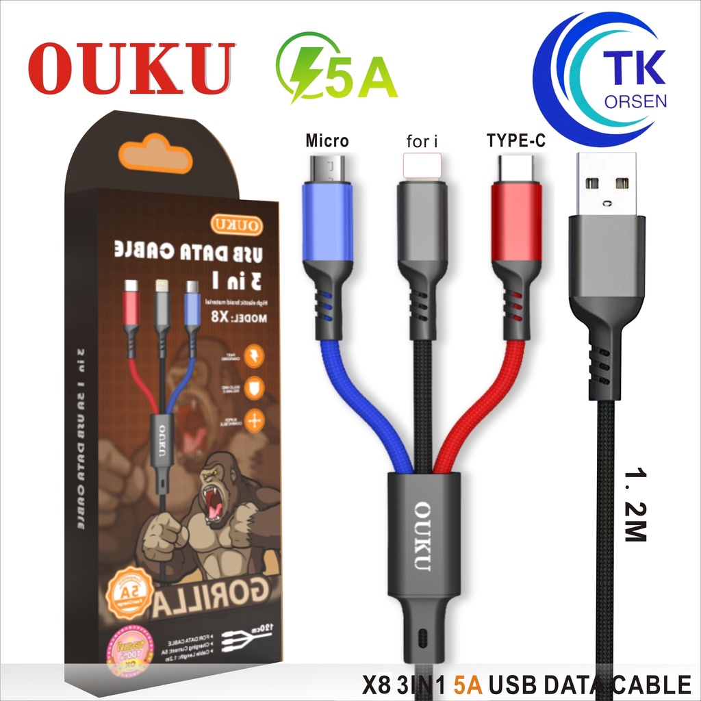 OUKU X8 5A ชาร์จเร็ว สายถัก3 ใน 1สายชาร์จโทรศัพท์มือถือ สายถัก ใช้ได้ 3 หัว สำหรับ for L/Micro USB/Type C