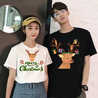 การ์ตูนคริสต์มาสคู่รักแฟชั่นเสื้อยืดคู่รักแฟชั่นเสื้อยืดคอกลมเสื้อยืดเกาหลี