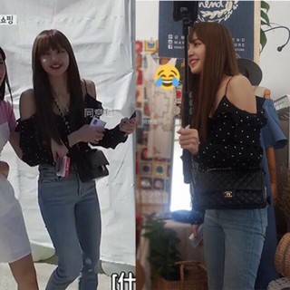 BLACKPINK LISA Chic polka dots boat เสื้อเชิ้ตชีฟอง Long sleeve เสื้อแฟชั่นผู้หญิง Tops t shirt เสื้อยืดผู้หญิง