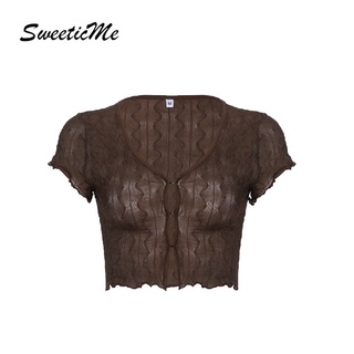 Sweeticme ใหม่ เสื้อคาร์ดิแกน คอวี แขนสั้น แบบโปร่ง สไตล์เรโทร สําหรับผู้หญิง 2022