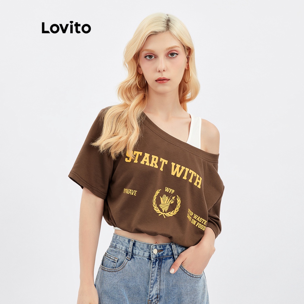 เสื้อยืดคอผูก 2 in 1 ลายตัวอักษร Lovito Casual Letter 2 in 1 Halter Neck T-Shirt L30AD073 (สีน้ำตาล)