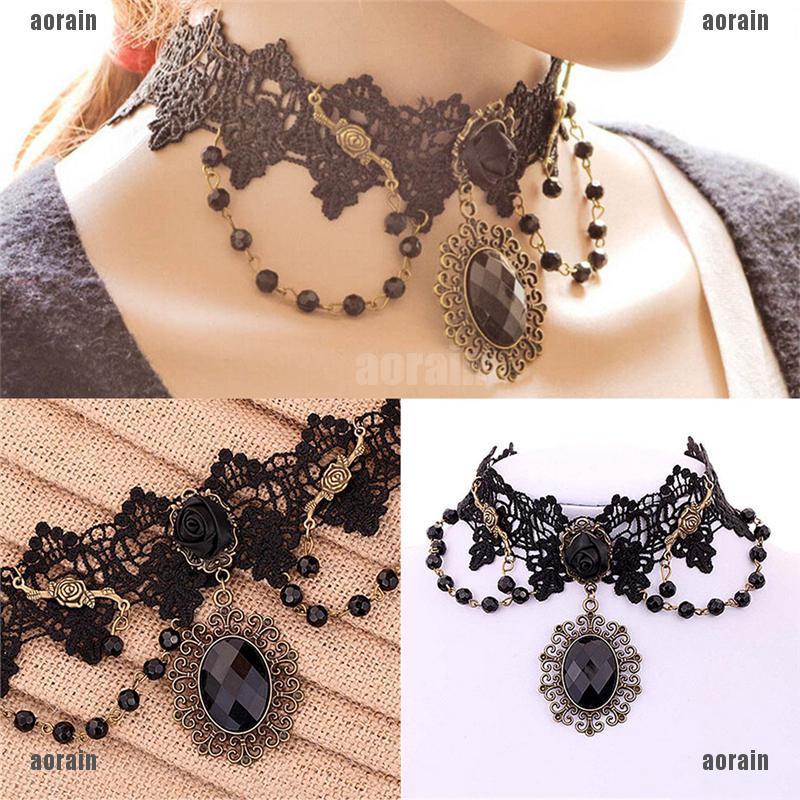 AG Fashion Lolita Gothic Black Rose Flower Lace Choker Collar Necklace ...