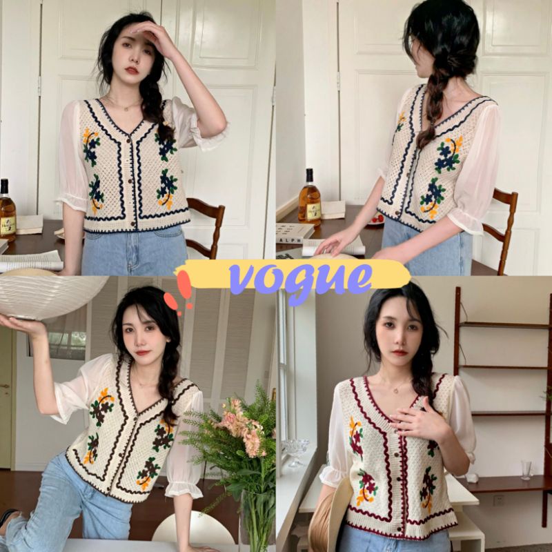 Vogue พร้อมส่ง เสื้อแขนสั้นถักไหมพรม คอวี ลายลูกไม้ดอกไม้ แขนซีทรูเบาๆ (19010) -C