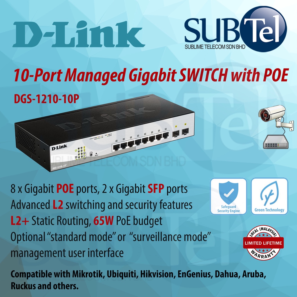 D-Link DGS-1210-10P 10-Port Managed Gigabit Smart Switch พร้อม POE 10 พอร์ต 2 พอร์ต SFP Networking D