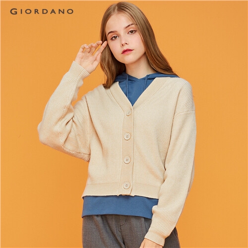 GIORDANO WOMEN Open placket solid V-neck knitted sweater 94359682