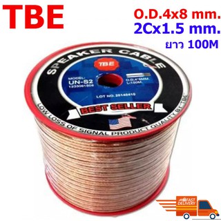 TBE สายลำโพง รุ่น UN-S2 cable speaker ขนาด 2C x 1.5 mm.OD 4 x 8 มม ยาว 100 เมตร สายลำโพงแบบใส ทองแดง