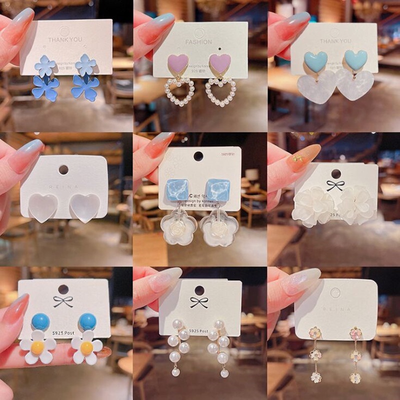ต่างหูกระจกรูปดอกไม้ / หัวใจสีม่วงสไตล์เกาหลีน่ารัก