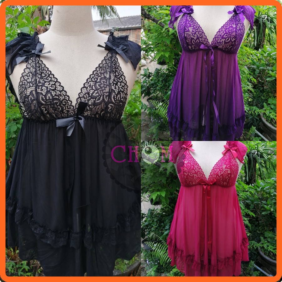 ชุดนอนไม่ได้นอน คนอ้วน❤️ไซด์ใหญ่ L-3XLอกลูกไม้ระบาย ชุดนอนสาวอวบ แซ็กซี่ #โบว์