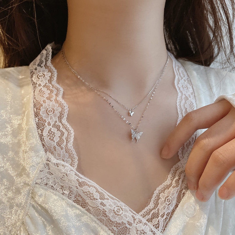 เครื่องประดับ สร้อยคอโซ่เงิน เกรด S925 จี้รูปผีเสื้อ ประดับเพชรคริสตัล สองชั้น แฟชั่นสําหรับผู้หญิง