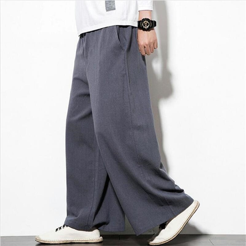 New Vintage Men Wide Leg Pants Natural Breathable Cotton Linen Pants